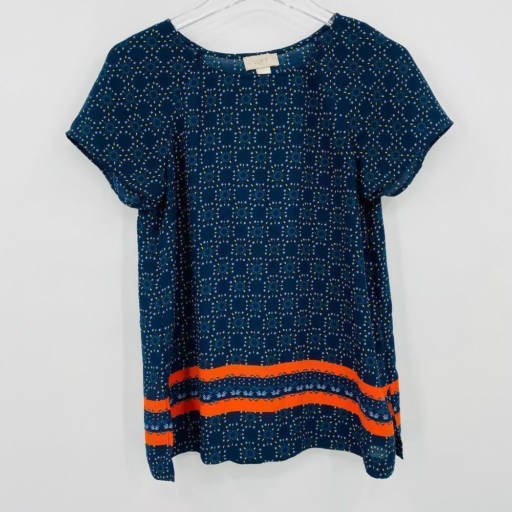 LOFT Navy Geo Print Short Sleeve Blouse with Orange Stripe